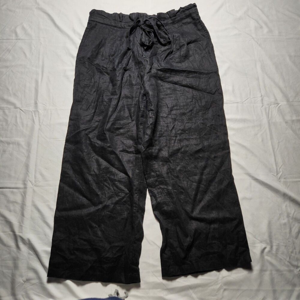 Tahari Womens XL Linen Wide Leg Drawstring High Waist Cropped Pants Black